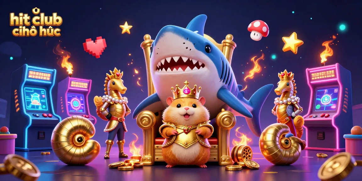 Experience hit club chính thức with a cartoon hamster king on a shark throne amidst vibrant game elements.
