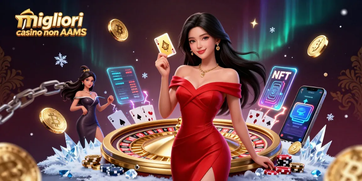 Gioca con i migliori casino non AAMS mentre una donna affascinante mostra elementi di gioco coinvolgenti.