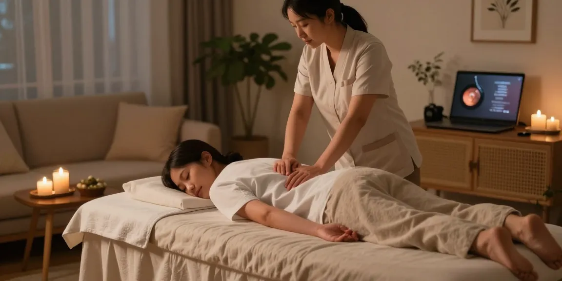 하남출장안마 전문 마사지 세션, 아시아 여성 치료사가 아늑한 거실에서 편안한 분위기로 마사지 서비스를 제공하는 모습.