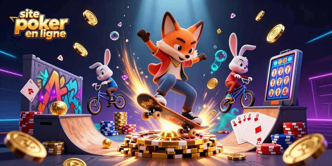 Explorez le site poker en ligne avec des personnages dynamiques et des éléments de casino colorés.