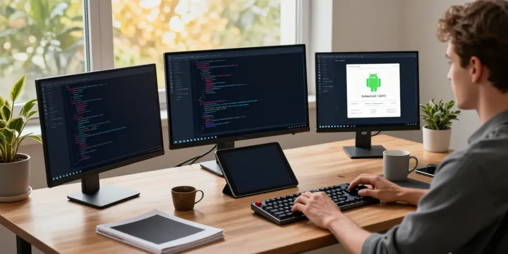 Developer coding in a tech workspace, showcasing h5.2113.net open-source apps.