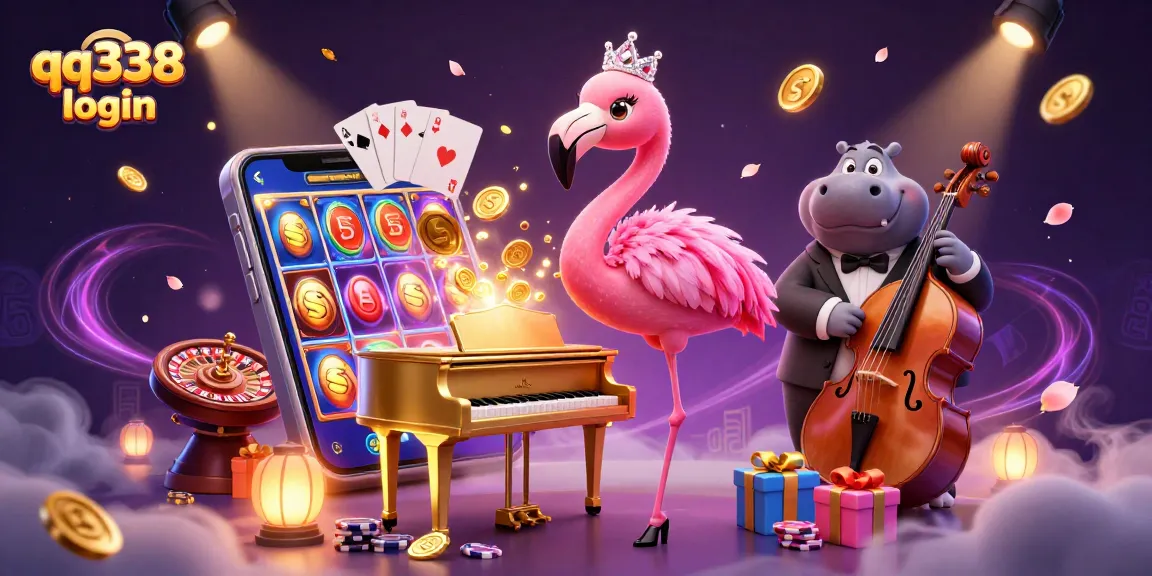 Experience seamless gameplay with qq338 login in this vibrant 3D casino illustration showcasing lively characters and gaming elements.