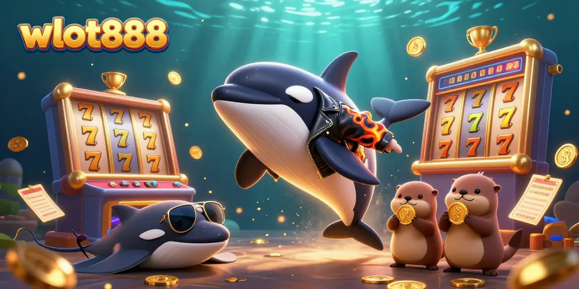 Topup game online wslot888 dengan orca dan ikan pari, koin emas serta slot reels.