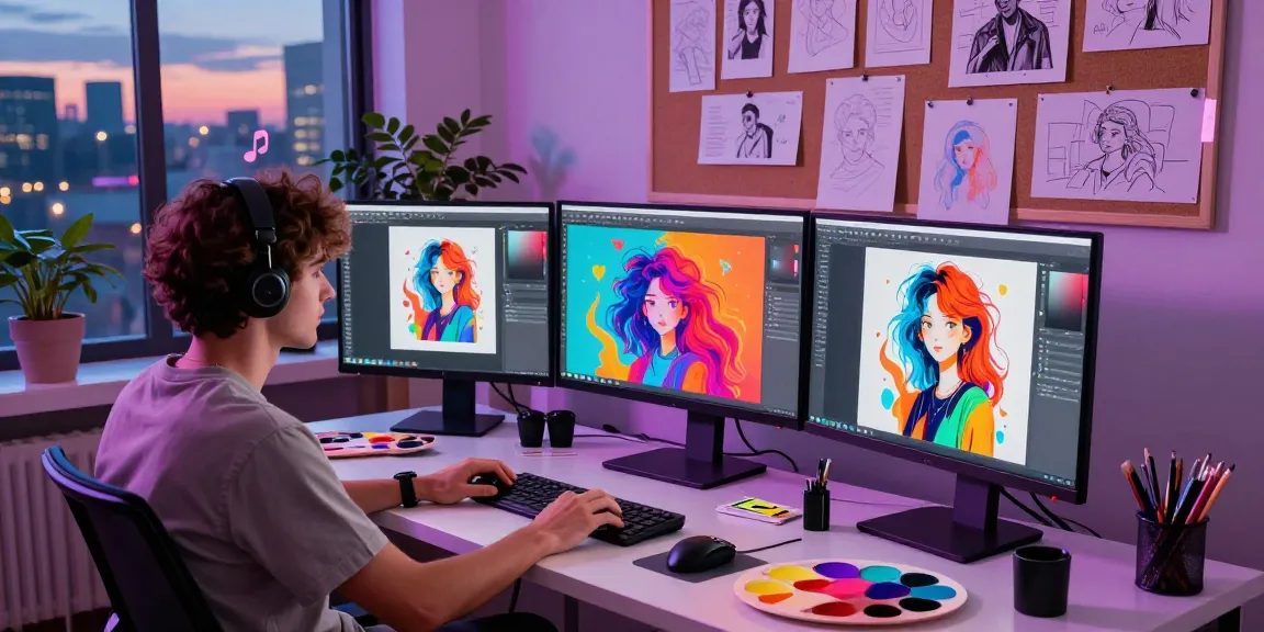 NSFW AI artwork in a vibrant digital studio, showcasing creativity and design