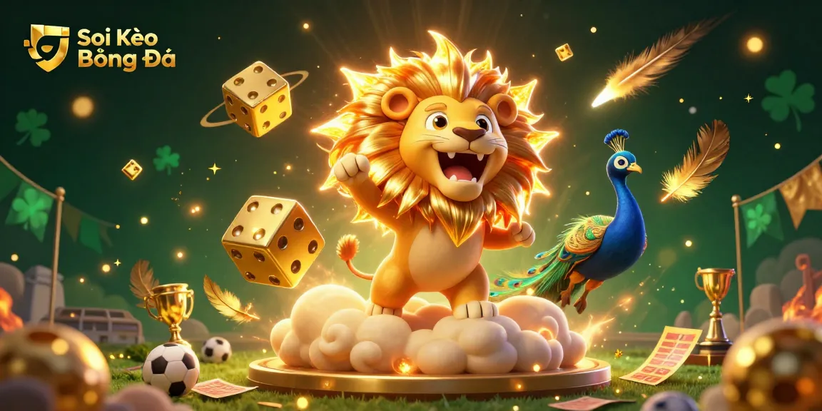 Soi Kèo Bóng Đá strategies come alive in a vibrant 3D rendering featuring a lion, golden dice, and sportsbook elements.