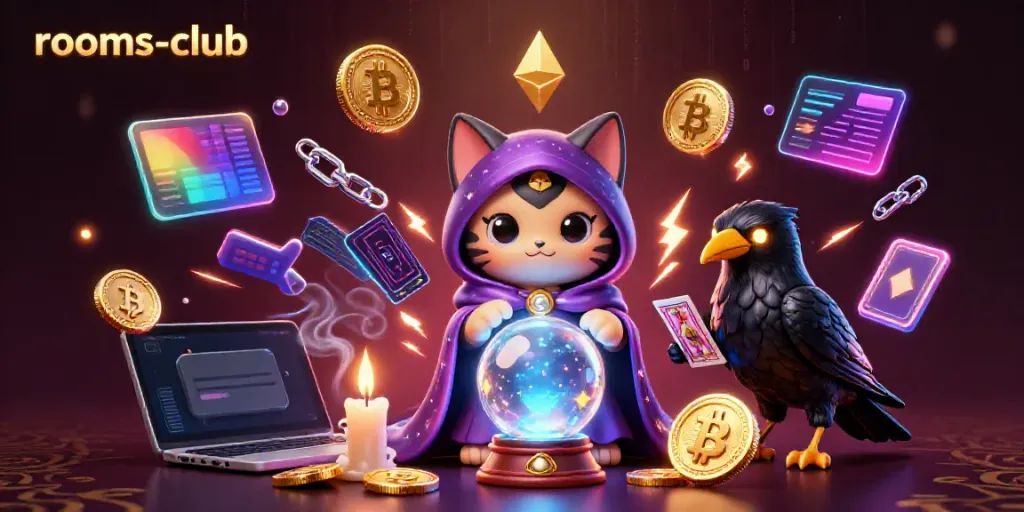 Permainan slot menyenangkan di rooms-club dengan karakter kucing mistis dan elemen digital.