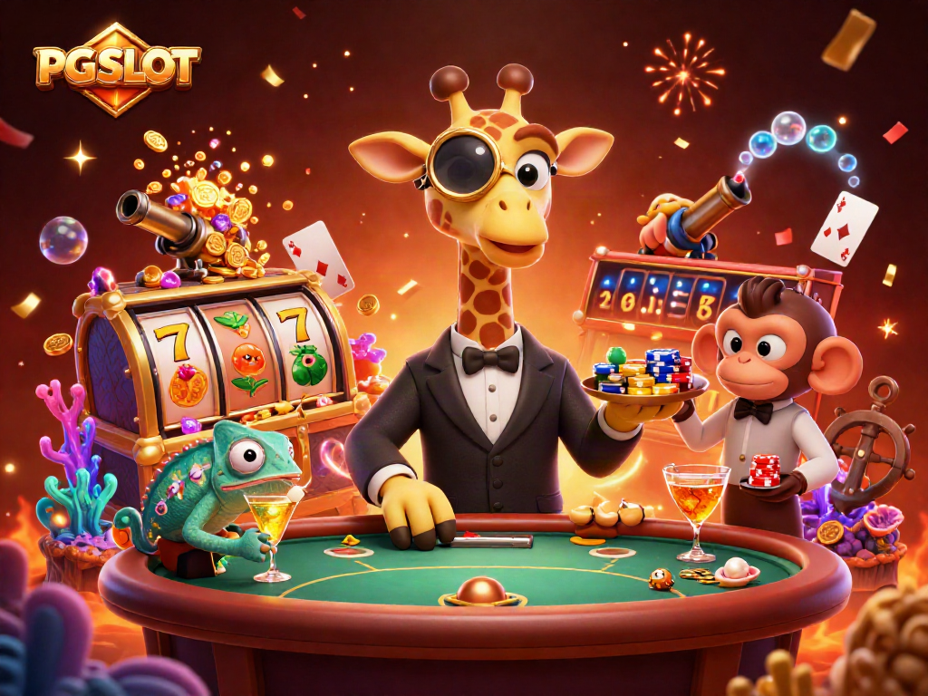 Experience PG SLOT's vibrant atmosphere with a giraffe and friends at the jackpot table.