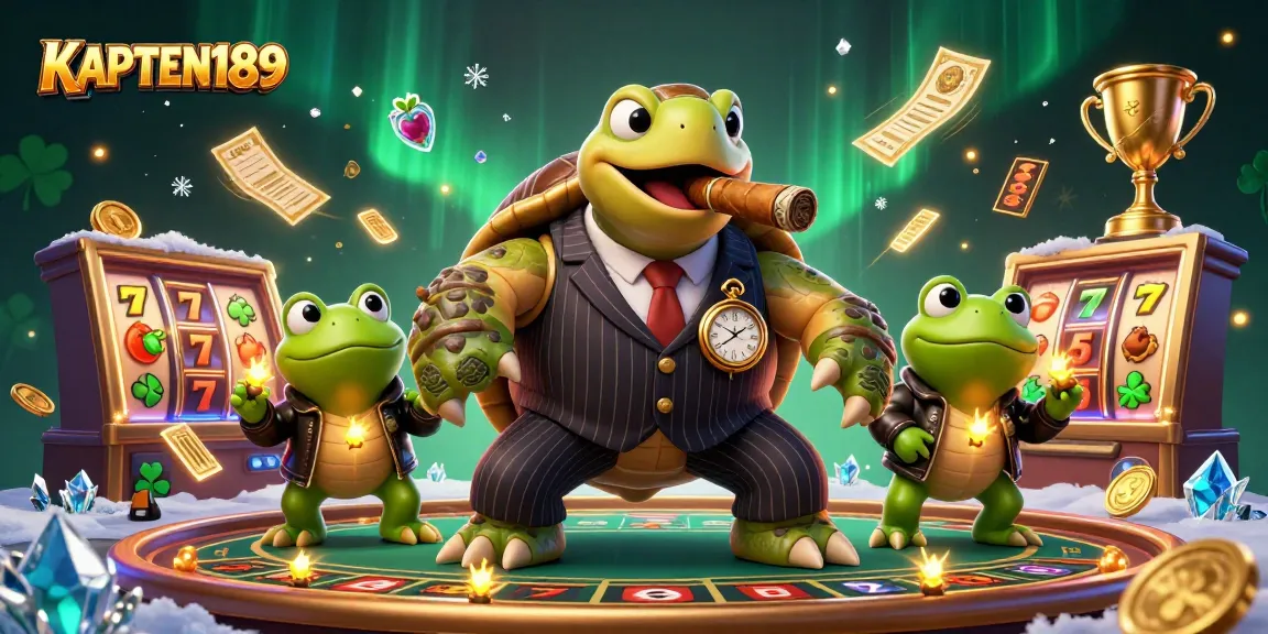 KAPTEN189 menampilkan slot online seru dengan karakter penyu dan kodok di suasana casino yang meriah.