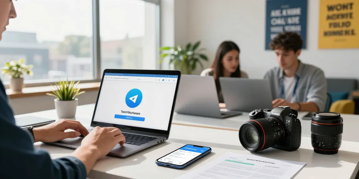 Engaging workspace scene featuring telegram chinese registration process with tech-savvy person on laptop and smartphone.