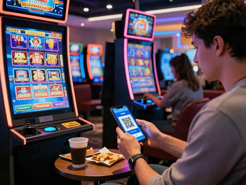 Person making a slot deposit QRIS on a mobile device in a vibrant casino lounge.