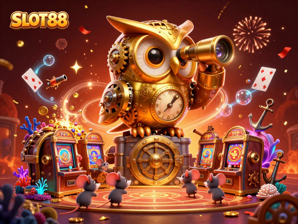 SLOT88 menampilkan ilustrasi kasino 3D yang megah dengan burung hantu emas, keterkaitan slot, dan suasana meriah.