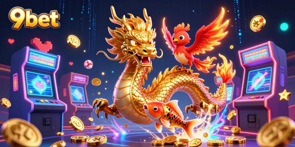 Engage with 9bet's vibrant 3D casino illustration, showcasing dynamic characters among thrilling gaming elements.