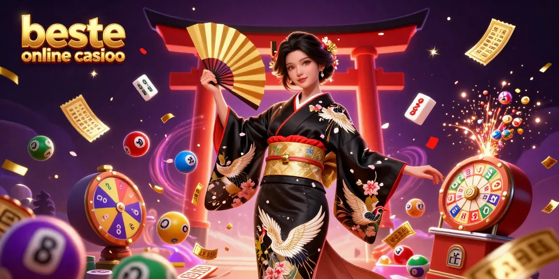 Experience the excitement of beste online casinos with a vibrant, dynamic illustration showcasing a traditional Japanese-inspired scene filled with gaming elements.