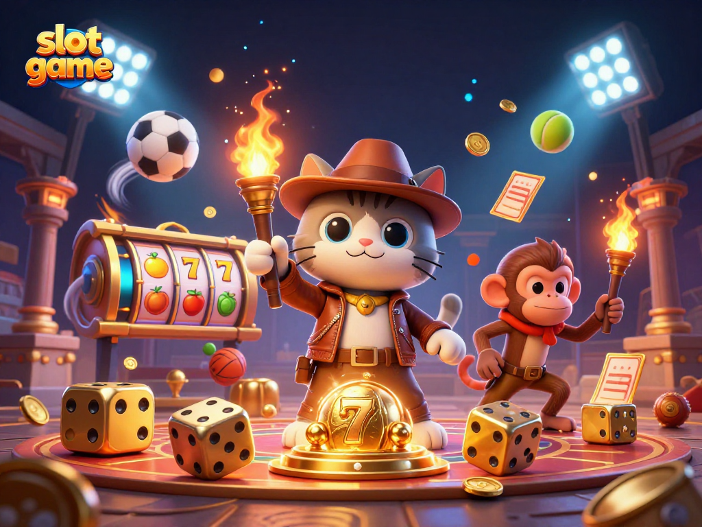 Engage in thrilling slot game action with a 3D cartoon cat explorer and vibrant casino artifacts.