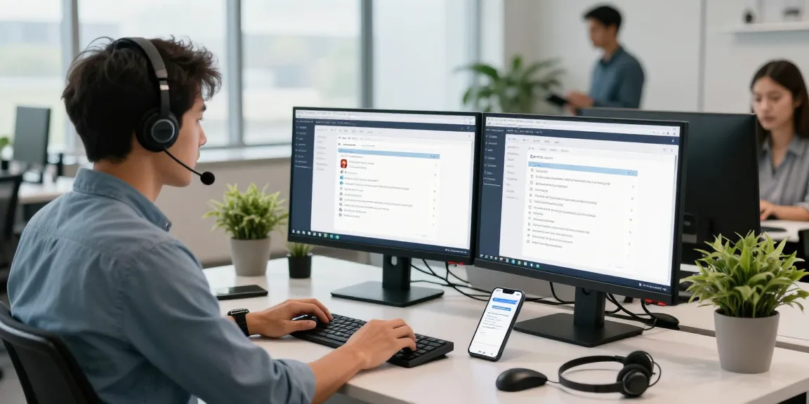 Telus-Technical-Support technician assisting users in a modern office environment with dual monitors and a phone.