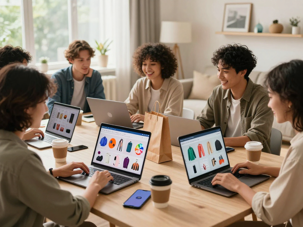 Engaged shoppers exploring rokok88 products in a modern e-commerce home office.