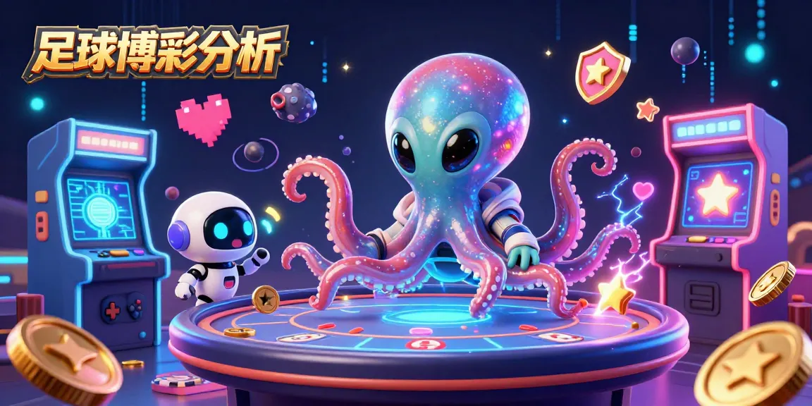 在足球博彩分析中，外星八爪魚與小機器人共舞，環繞著遊戲道具與閃亮的數位元素。