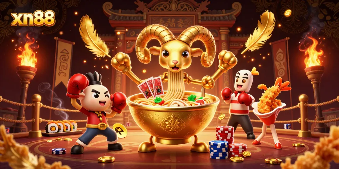 Engage with xn88's vibrant casino world featuring a golden ramen bowl and lively characters.