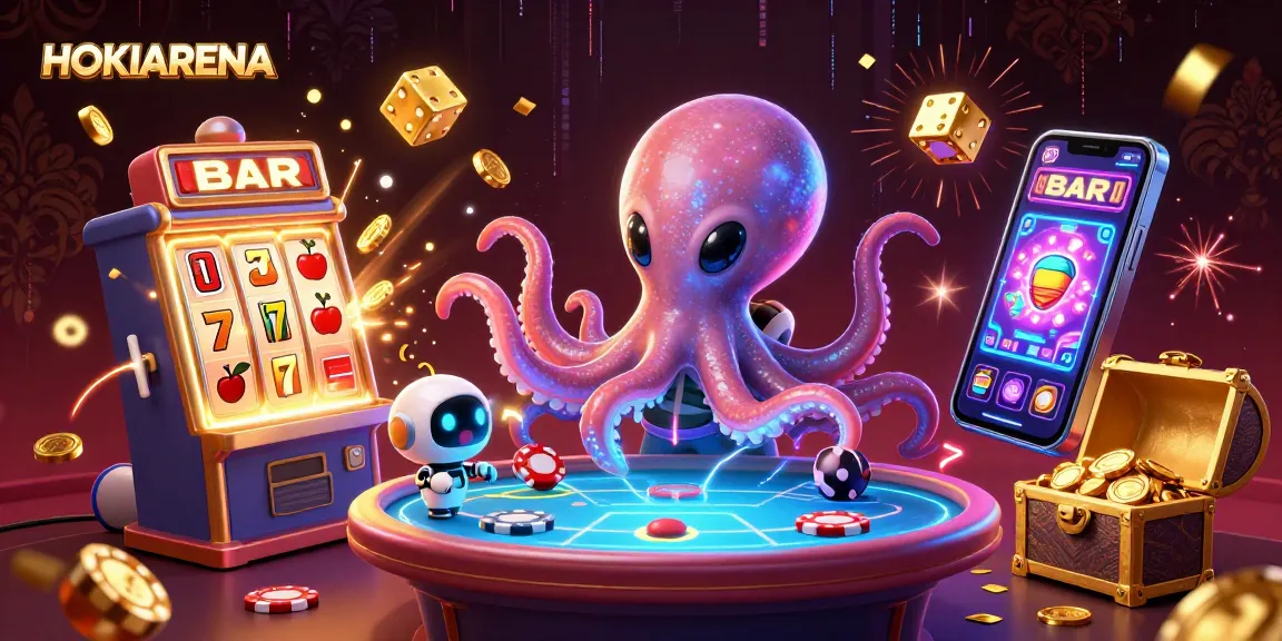 Permainan di HOKIARENA dengan alien dan robot dalam suasana kasino yang semarak.