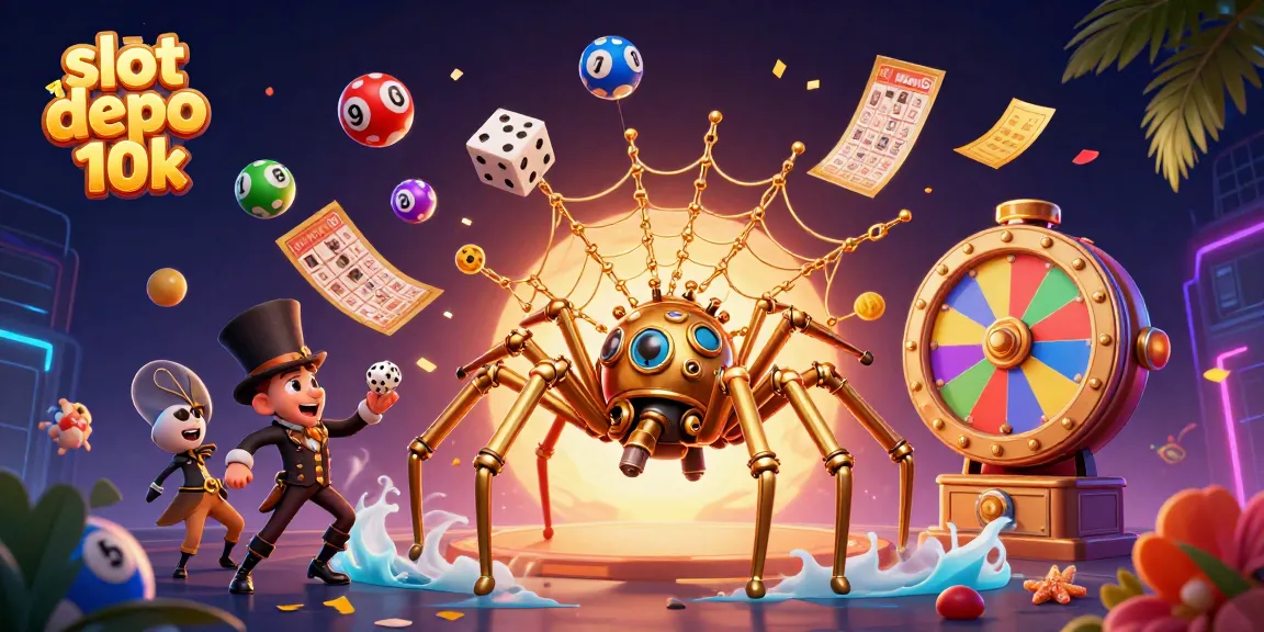 Engage with thrilling moments at slot depo 10k, featuring a dynamic 3D illustration of a steampunk spider in a gambling web.