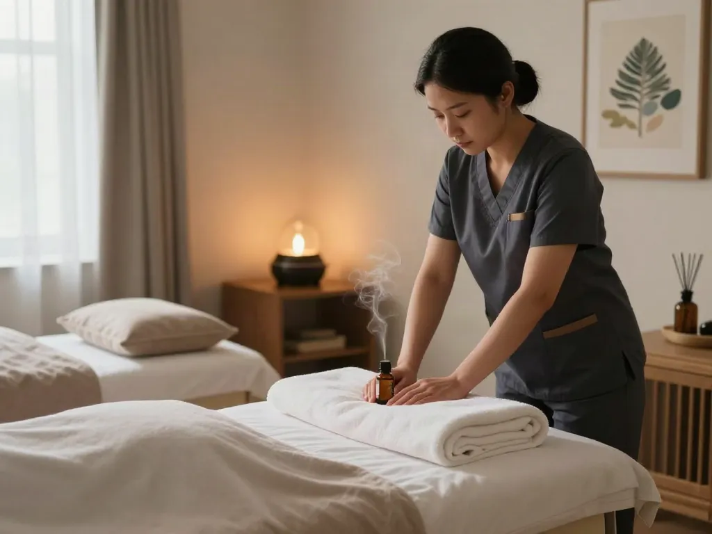 안산출장마사지 session preparation with calming atmosphere and soothing elements
