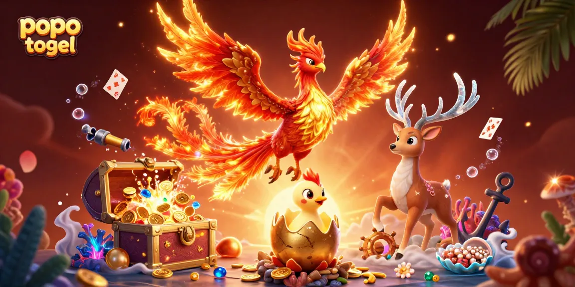 Engage with popo togel in a vibrant 3D scene featuring a phoenix and casino elements.
