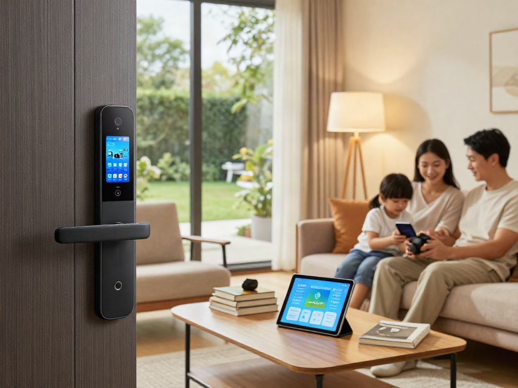 خرید قفل هوشمند showcased in a modern living room with family engaging with smart home technology, emphasizing security and convenience.