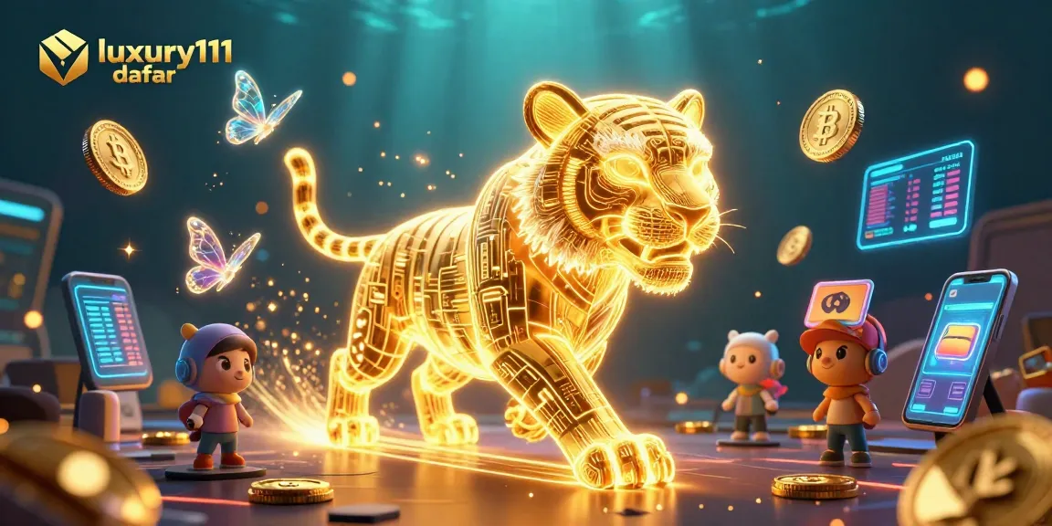 Engage with luxury111 daftar in a vibrant digital casino scene featuring a glowing golden tiger and cryptocurrency elements.
