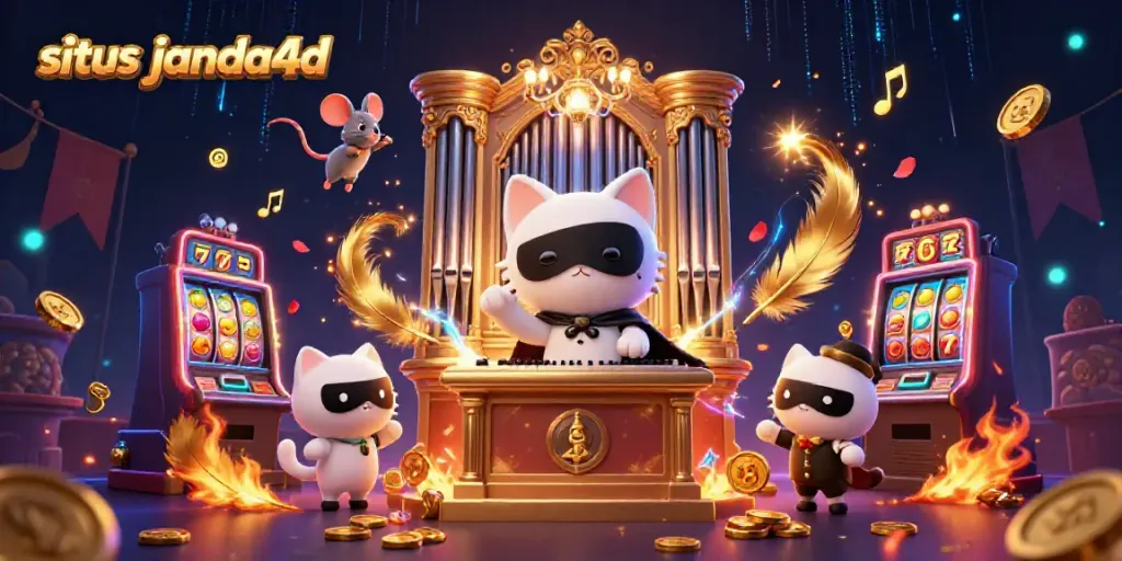 Gambarkan permainan situs janda4d dalam ilustrasi kasino 3D yang dinamis dengan karakter kartun dan elemen bertema.