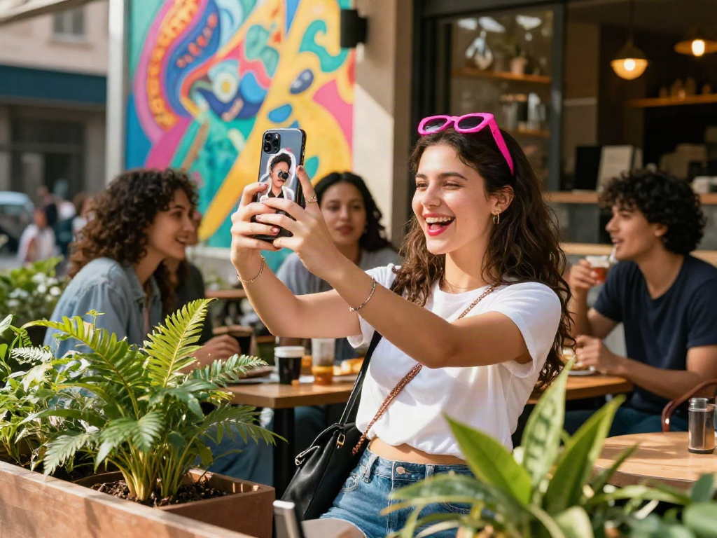 Candid scene of a young woman joyfully finding her celebrity look alike with friends at a vibrant outdoor café.