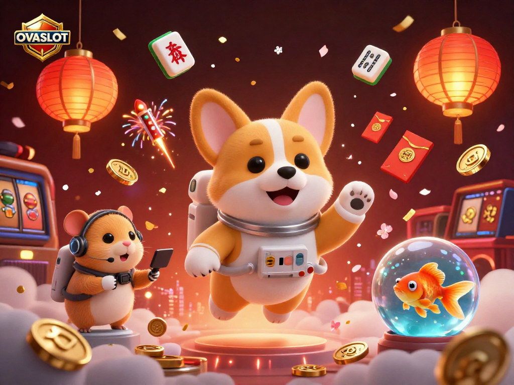 OVASLOT presents a dynamic scene of 3D characters in a modern casino filled with slot reels and festive decorations.
