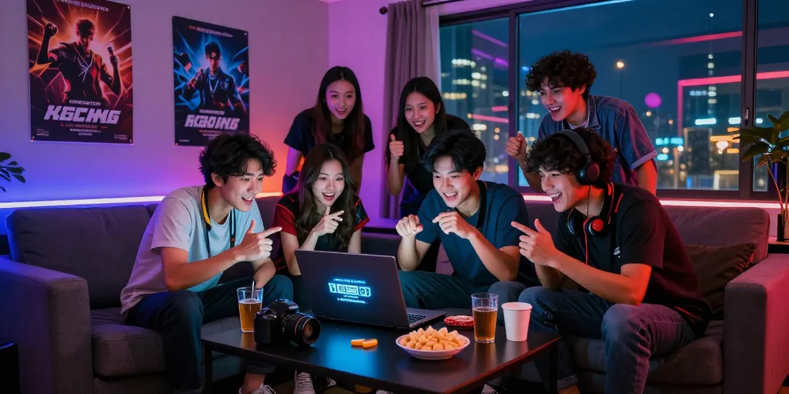 Friends exploring a reliable 토토사이트 for safe online gaming, surrounded by snacks and vibrant city lights.