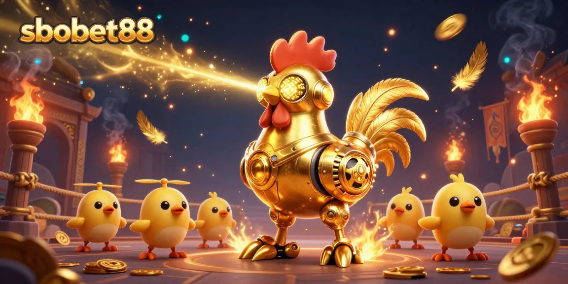 sbobet88 captures intense action with a golden rooster robot and cheering baby chick drones in a dynamic casino scene.
