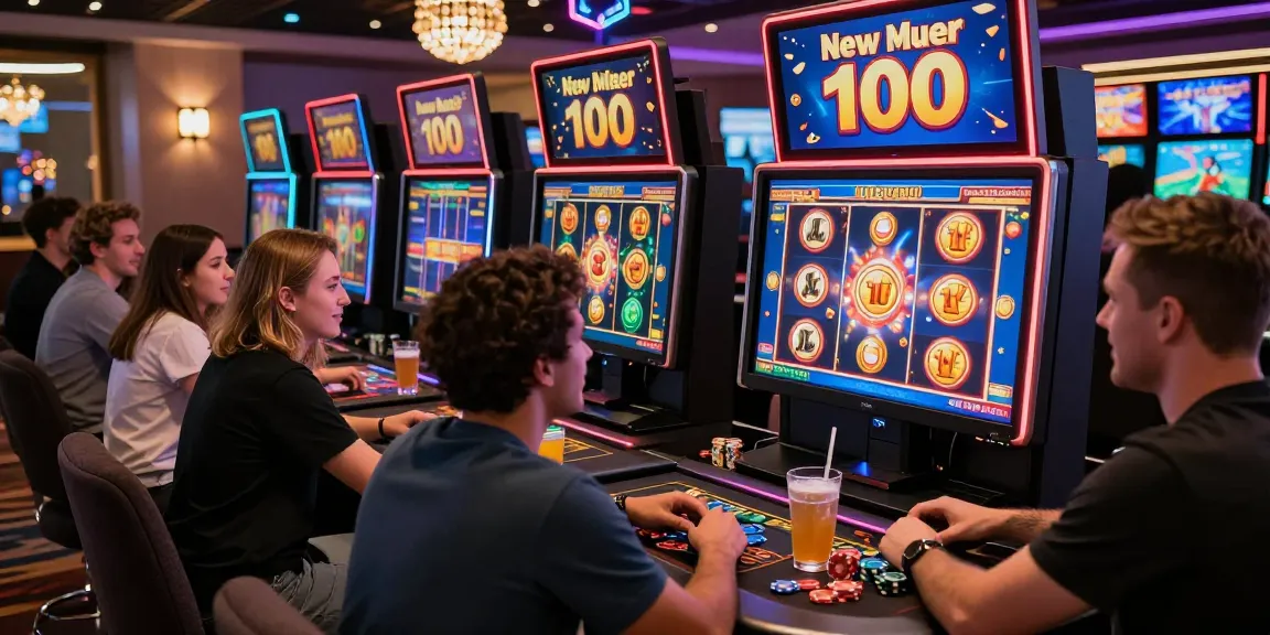 Engaging gaming scene showing players celebrating a slot bonus new member 100 win in a vibrant online casino atmosphere.