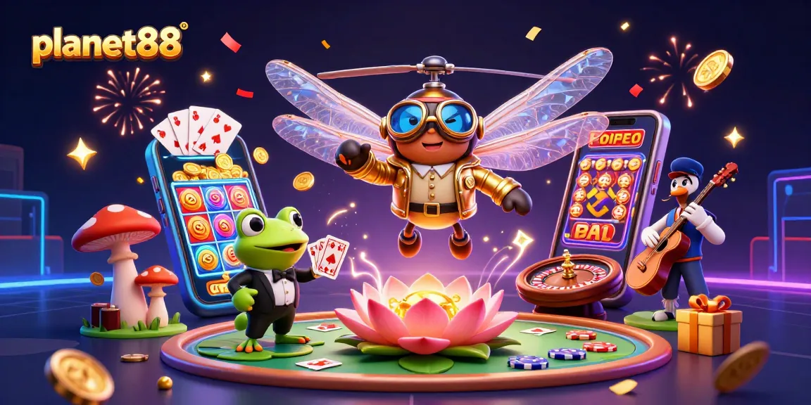 Experience the thrill of planet88 with vibrant slots and cheerful croupier in a lively casino scene.