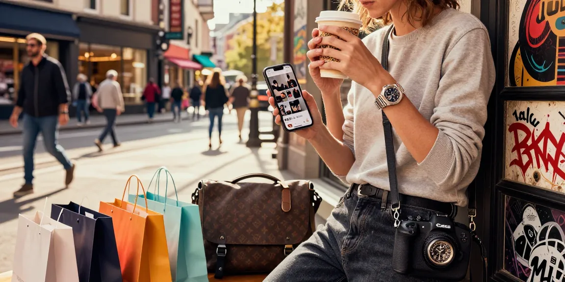 Stylish individual showcasing eye-catching replica watches while enjoying a coffee in an urban café setting.