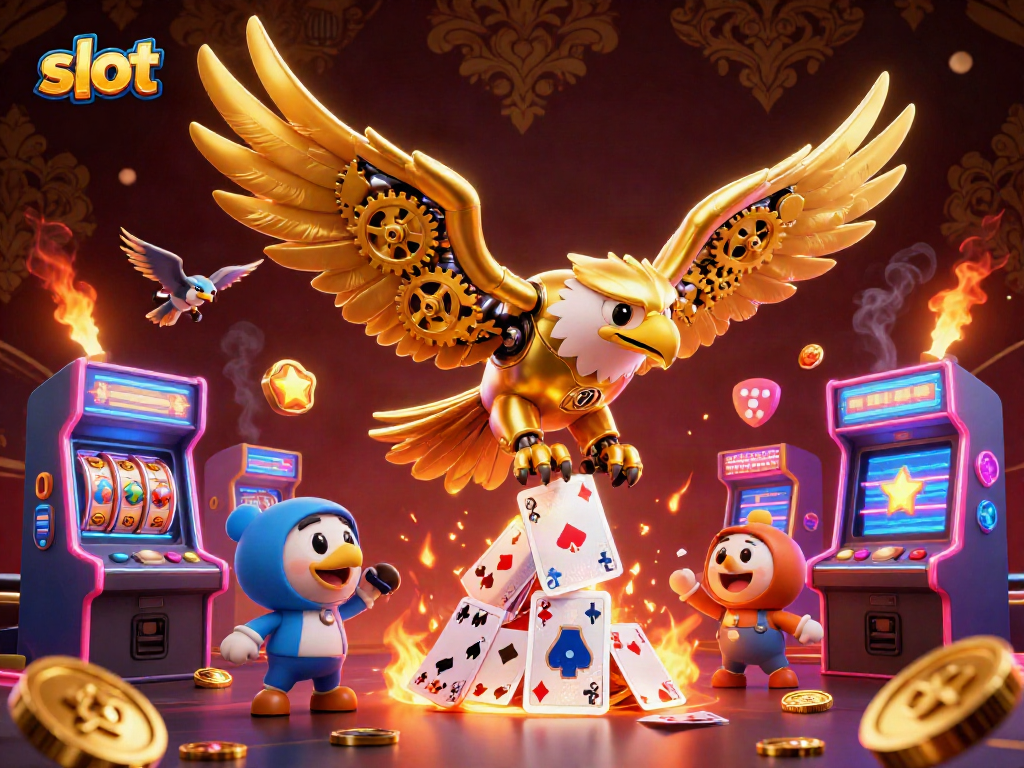 Experience thrilling slot action with a cybernetic eagle amidst vibrant arcade elements.