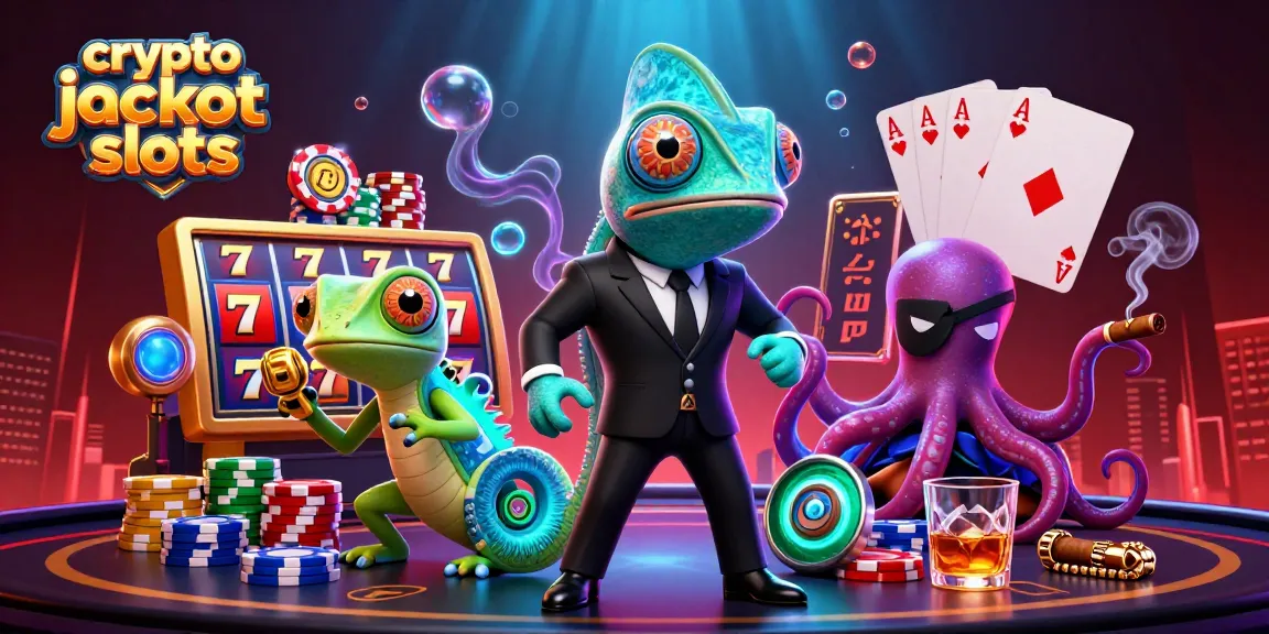 Experience crypto jackpot slots with thrilling characters amid a vibrant casino scene full of excitement.
