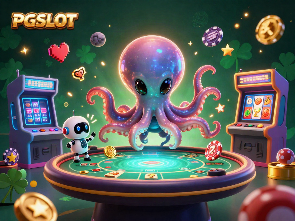 Encounter vibrant PG SLOT action with alien octopus gaming at a holographic casino table.