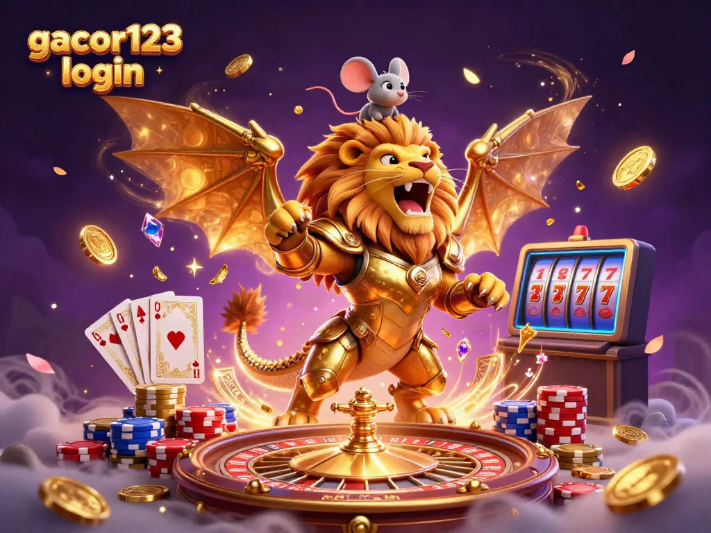 Experience the excitement of gacor123 login with a vibrant casino scene featuring gold coins and a roaring chimera.