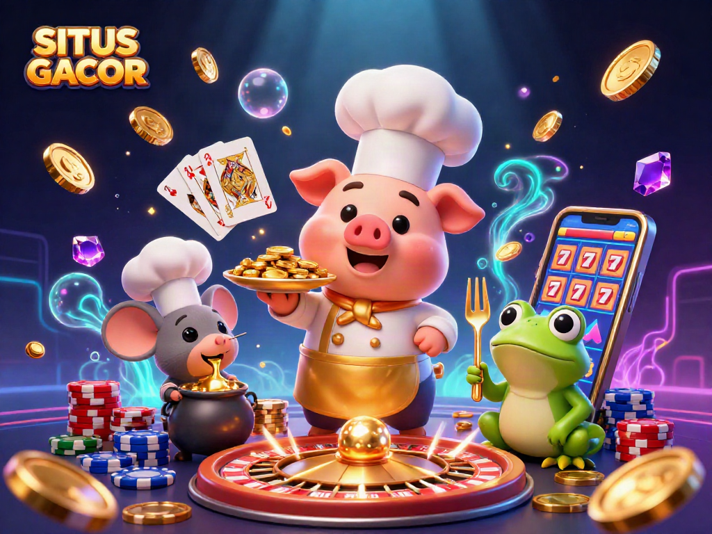 Engage with SITUS GACOR's vibrant 3D casino scene featuring gourmet gold coins and exciting gameplay elements.