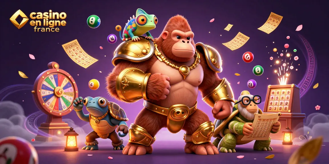 Découvrez le royaume du casino en ligne France à travers cette illustration dynamique avec un gorille et ses amis.