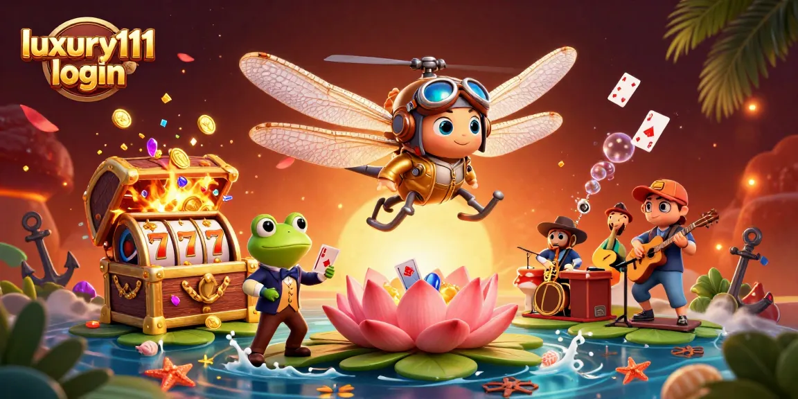 Experience luxury111 login as the dragonfly pilot flies above a lively casino scene with a frog dealing cards.
