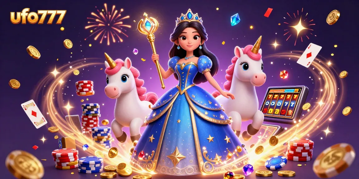 Win big with ufo777 at the casino, featuring a glamorous character amidst floating gems and coins.