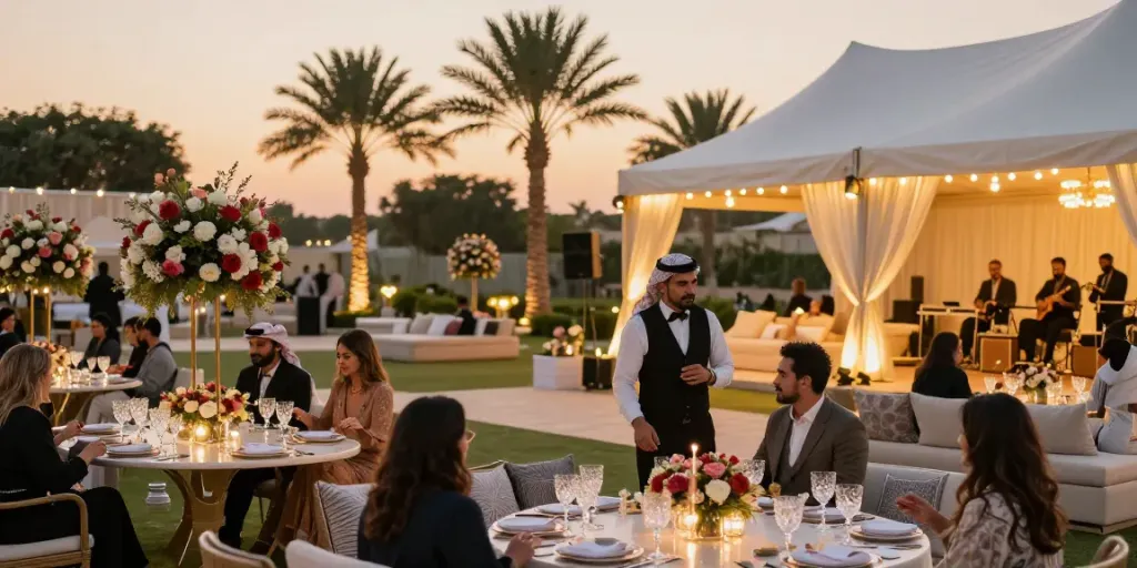 Event rental KSA setup with elegant outdoor tents and luxurious decor