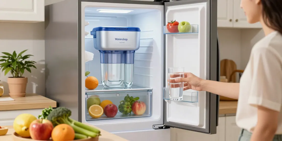 Refreshing image featuring Waterdrop Alkaline DA97-17376B Water Filter in a modern kitchen, emphasizing healthy hydration.