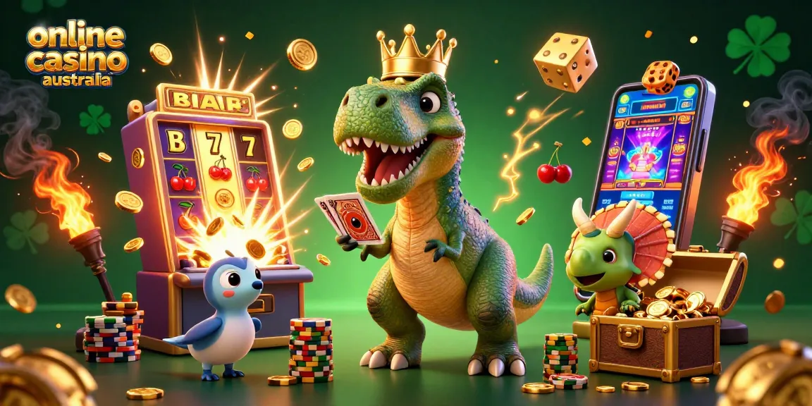 Experience the excitement of online casino Australia with a dynamic scene of a T-Rex and friends gaming!