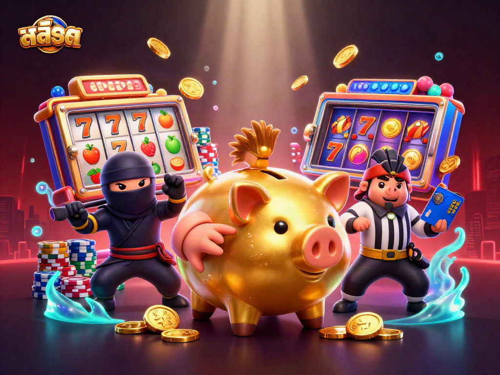 Engage with สล็อต, featuring a golden piggy bank sumo wrestler amidst vibrant slot reels and dynamic casino elements.