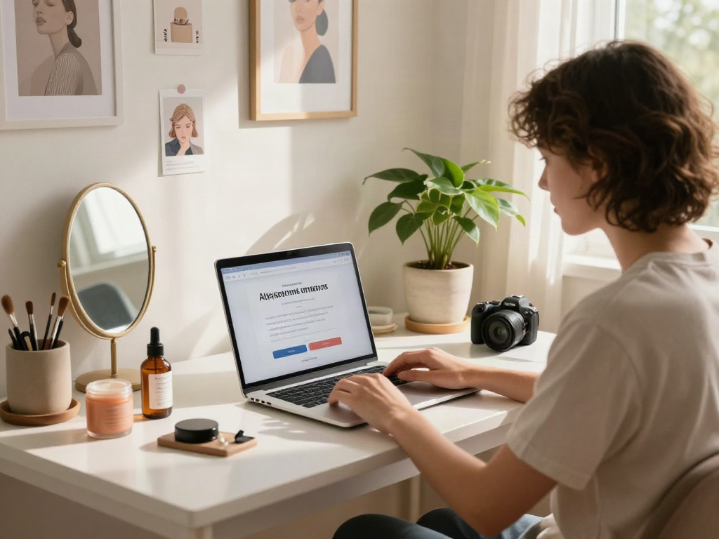 Attractiveness test interface displayed on a laptop in a stylish urban workspace with beauty products.