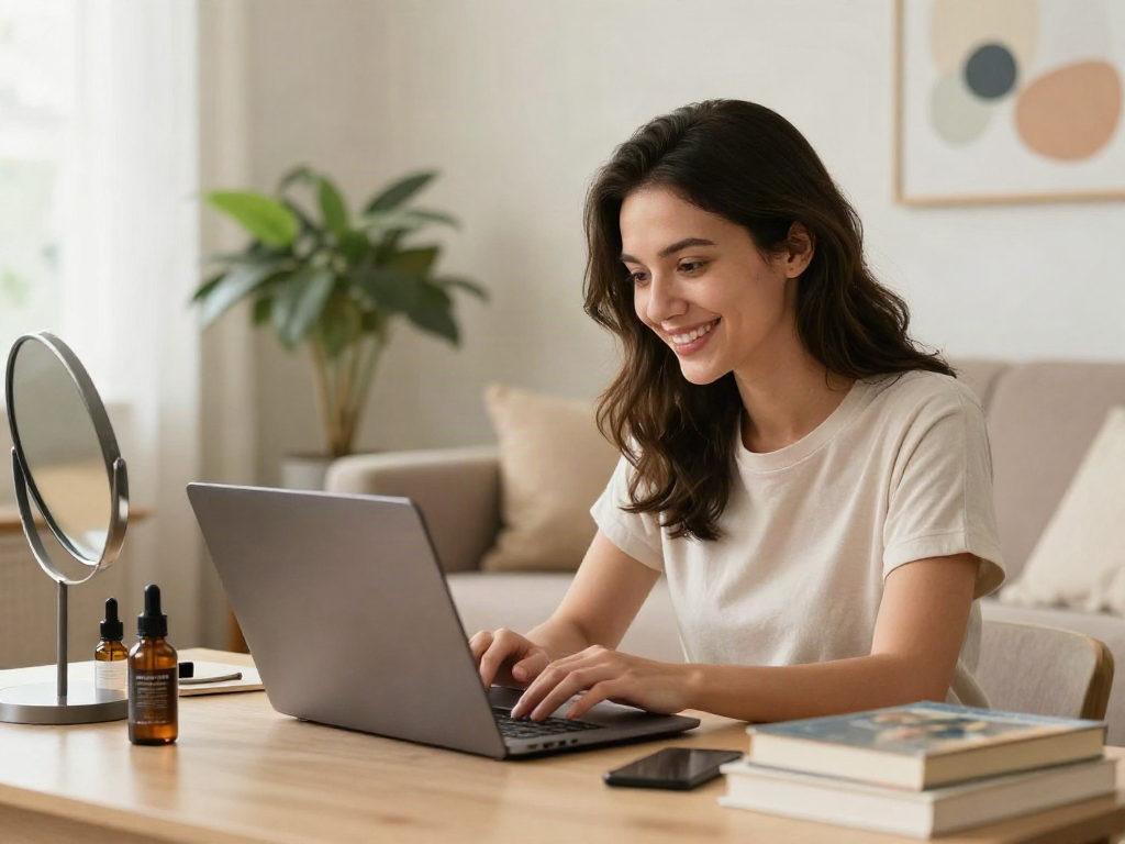 Woman smiling while exploring ClinicEvo is a better alternative to QOVES for personalized beauty analysis in a cozy room.